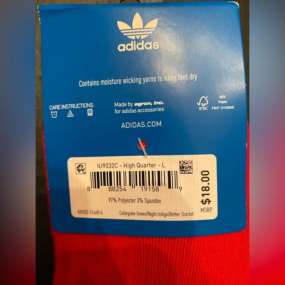 Adidas 3 Pack High Quarter Socks Men's Size Large (8-12) Green Blue Red